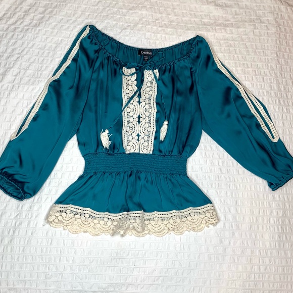 BEBE satin boho crotchet blouse - Picture 7 of 9